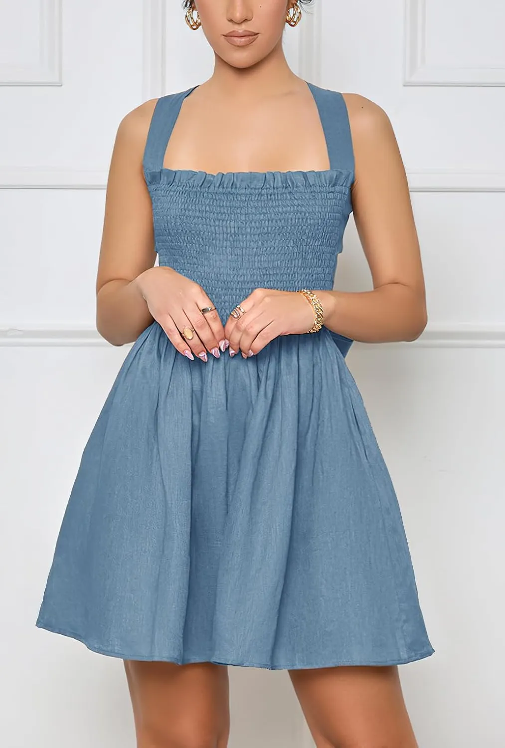 chouyatou Women Summer Boho Sleeveless Tie Back Square Neck Smocked Dresses Beach Short Mini Sundress