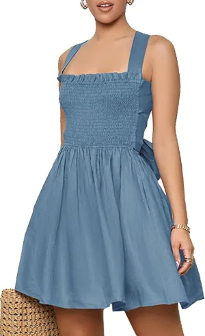 chouyatou Women Summer Boho Sleeveless Tie Back Square Neck Smocked Dresses Beach Short Mini Sundress