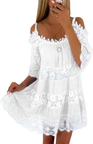 chouyatou Women's 2025 Eyelet Lace Embroidery Ruffle Dress Sexy Spaghetti Strap Cold Shoulder Party Sun Mini Dress