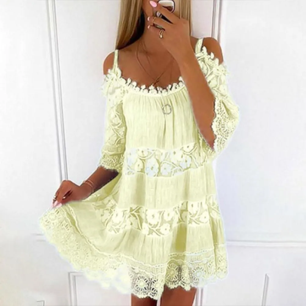 chouyatou Women's 2025 Eyelet Lace Embroidery Ruffle Dress Sexy Spaghetti Strap Cold Shoulder Party Sun Mini Dress