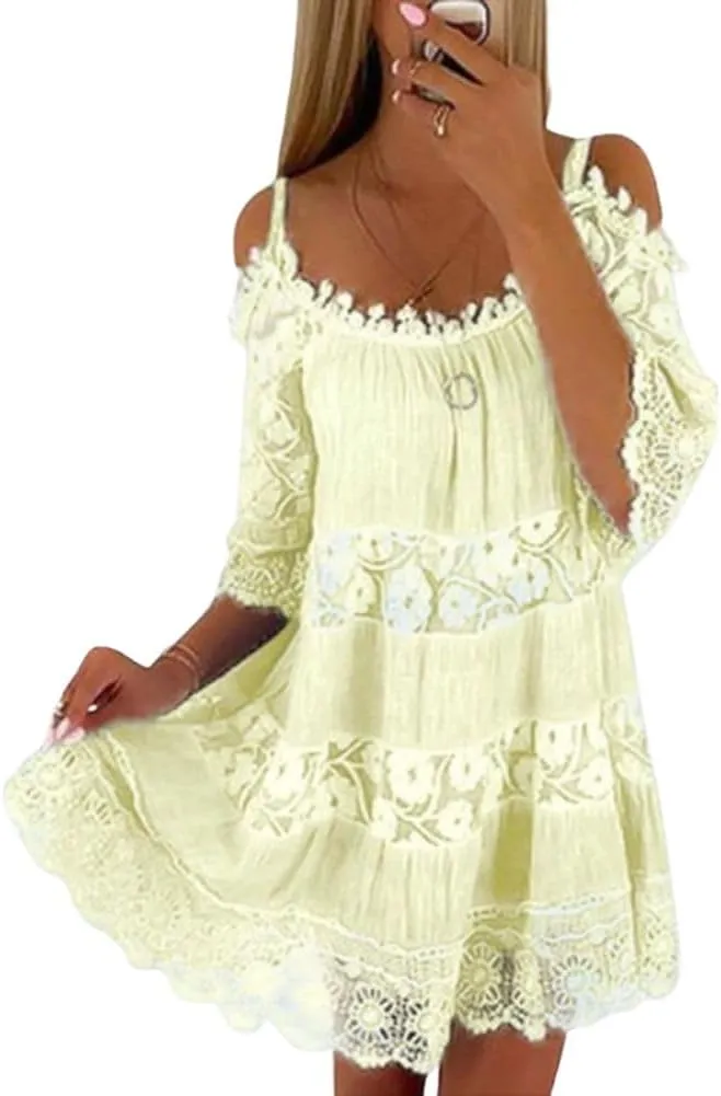 chouyatou Women's 2025 Eyelet Lace Embroidery Ruffle Dress Sexy Spaghetti Strap Cold Shoulder Party Sun Mini Dress