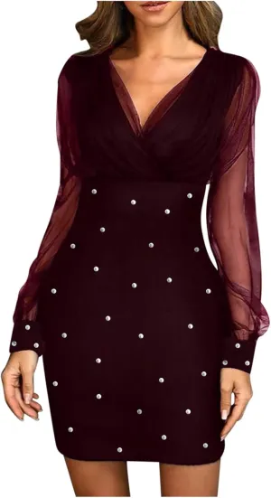 Cocktail Dress for Women,2024 Elegant Sexy Wrap V Neck Skinny Party Dress,Trendy Mesh Patchwork Long Sleeve Dress