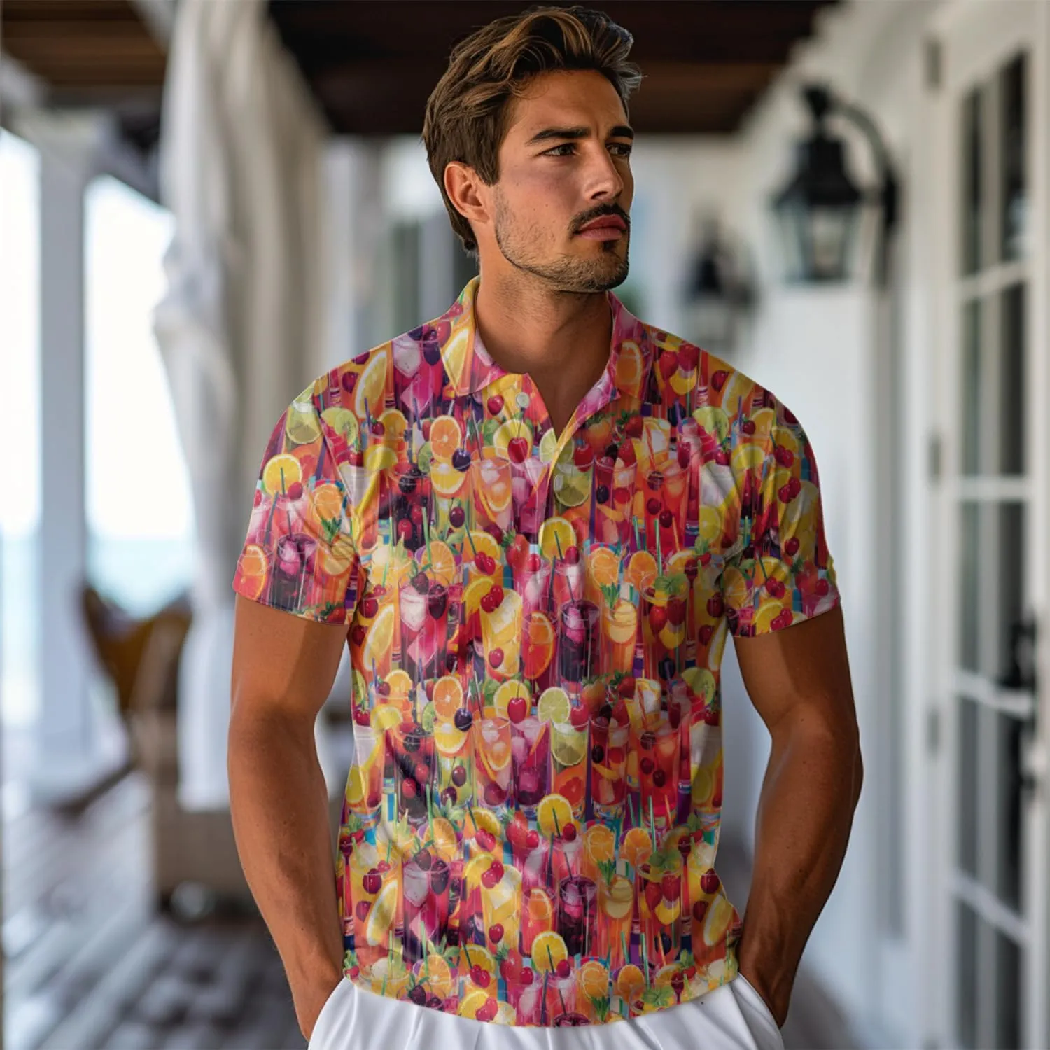 Cocktail Polo Shirts For Men - Drinking Lover Stylish Mens Goft Shirt Casual Short Sleeve Button Down Outfit Set 49