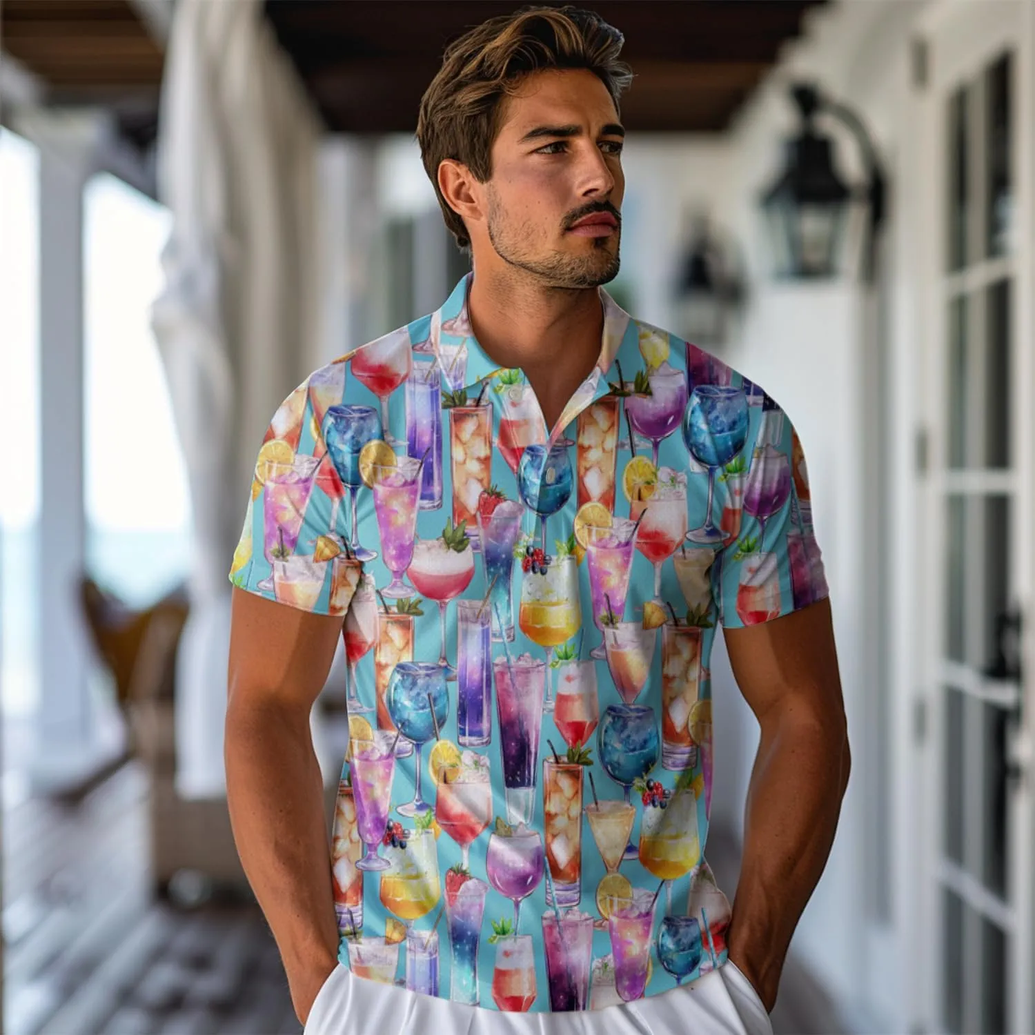 Cocktail Polo Shirts For Men - Drinking Lover Stylish Mens Goft Shirt Casual Short Sleeve Button Down Outfit Set 49
