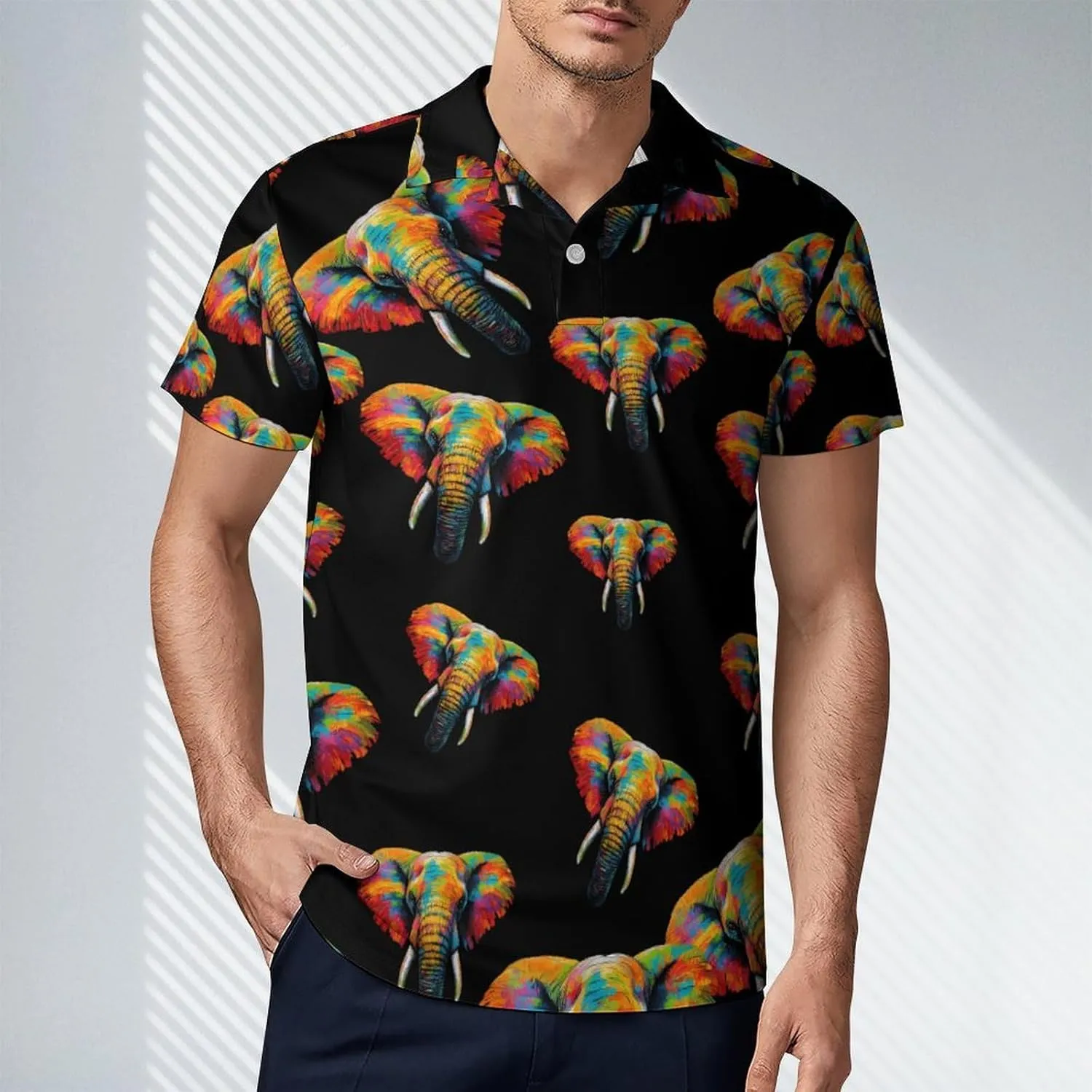 Colorful Elephant Head Men's Polo-Shirt Regular-Fit Short Sleeve Sports Quick Dry Golf Tennis T-Shirt