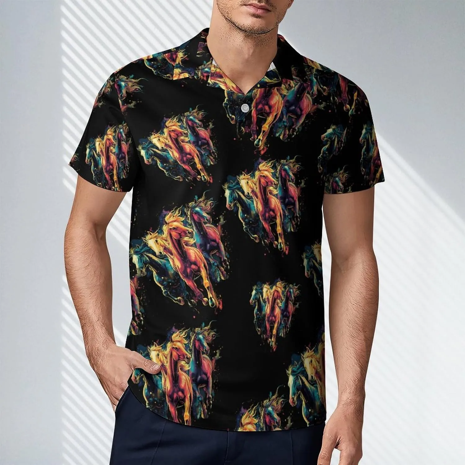Colorful Galloping Horses Men's Polo-Shirt Regular-Fit Short Sleeve Sports Quick Dry Golf Tennis T-Shirt