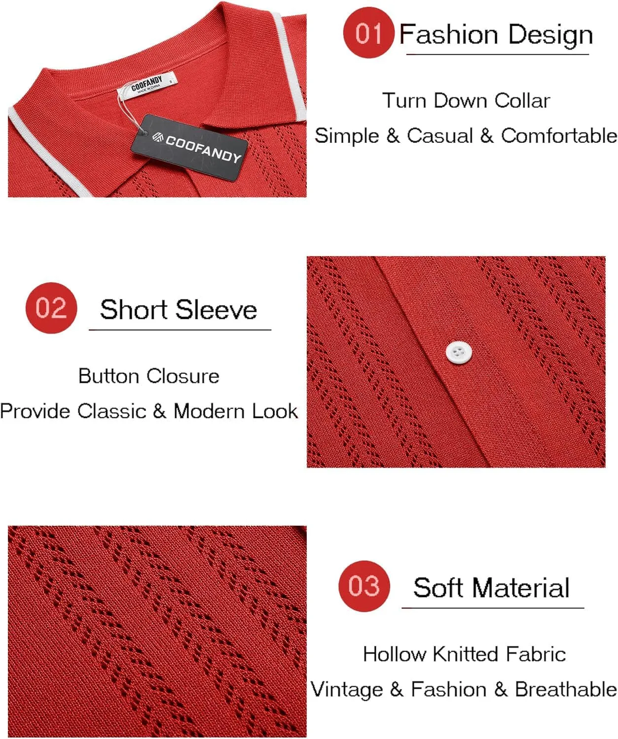 COOFANDY Men's Knit Button Down Shirt Vintage Short Sleeve Polo Shirts Casual Beach Tops