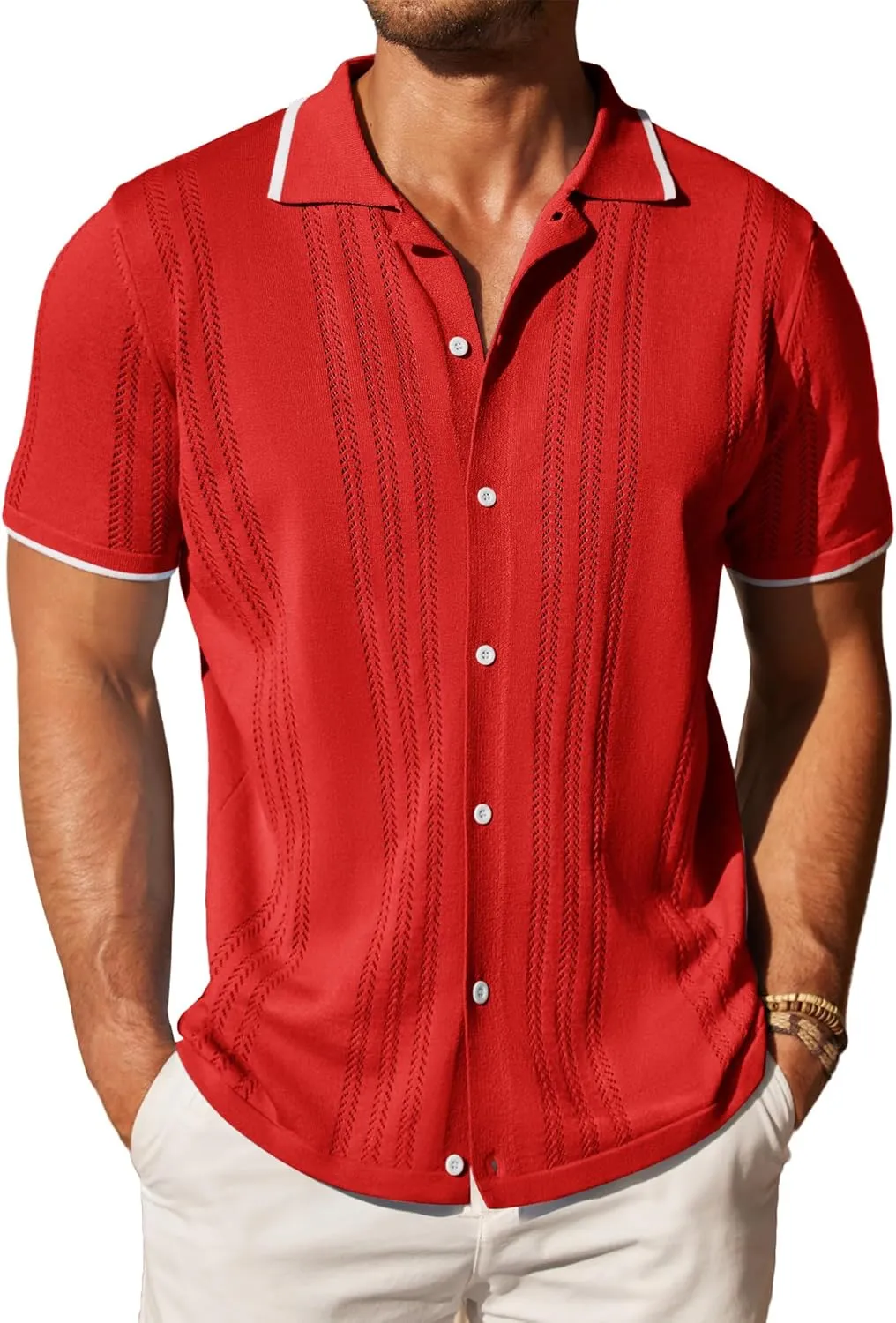 COOFANDY Men's Knit Button Down Shirt Vintage Short Sleeve Polo Shirts Casual Beach Tops