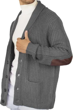 CORIRESHA Men's Elbow Patch Shawl Collar Long Sleeve Knit Cardigan Sweater with Pockets