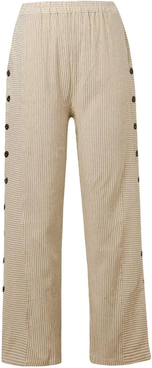 Cotton Linen Pants for Women Striped Print Side Button Pants Baggy Elastic Waist Straight Leg Trousers w Pocket
