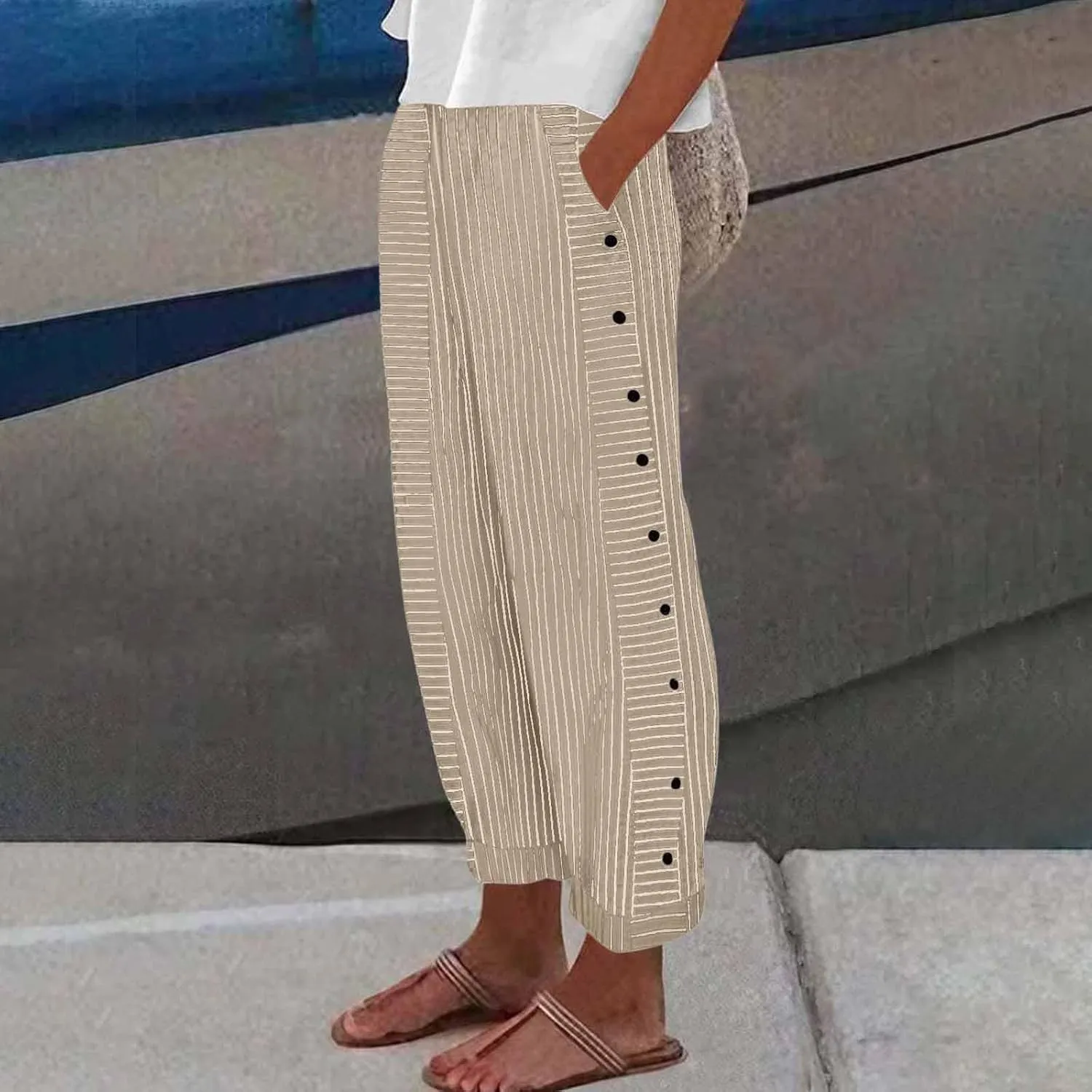 Cotton Linen Pants for Women Striped Print Side Button Pants Baggy Elastic Waist Straight Leg Trousers w Pocket