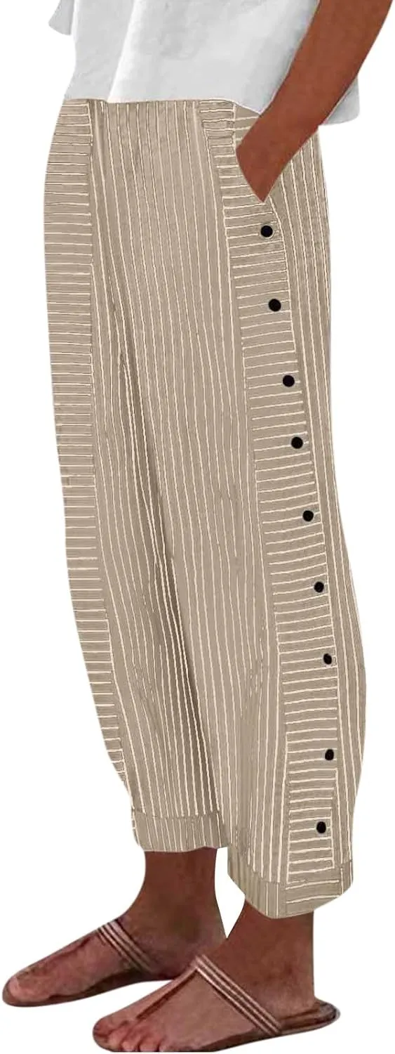 Cotton Linen Pants for Women Striped Print Side Button Pants Baggy Elastic Waist Straight Leg Trousers w Pocket
