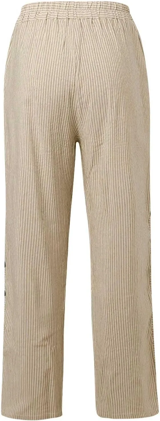 Cotton Linen Pants for Women Striped Print Side Button Pants Baggy Elastic Waist Straight Leg Trousers w Pocket
