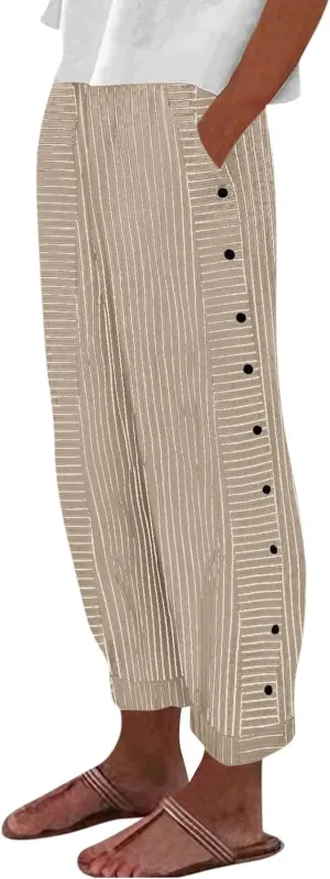 Cotton Linen Pants for Women Striped Print Side Button Pants Baggy Elastic Waist Straight Leg Trousers w Pocket