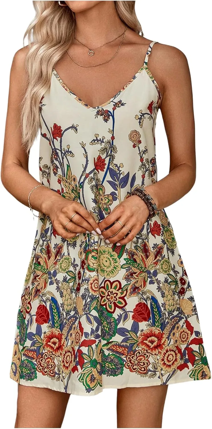 COZYEASE Women's Boho Floral Print Cami Dress Backless Sleeveless Summer Straight Short Dresses