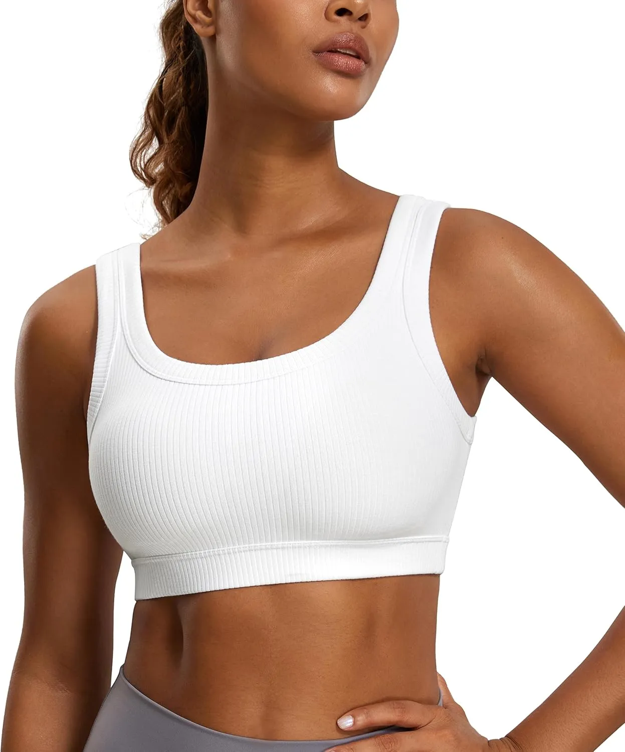 CRZ YOGA Ribbed Sports Bras for Women - U Back Wireless Medium Impact Padded Yoga Workout Cami