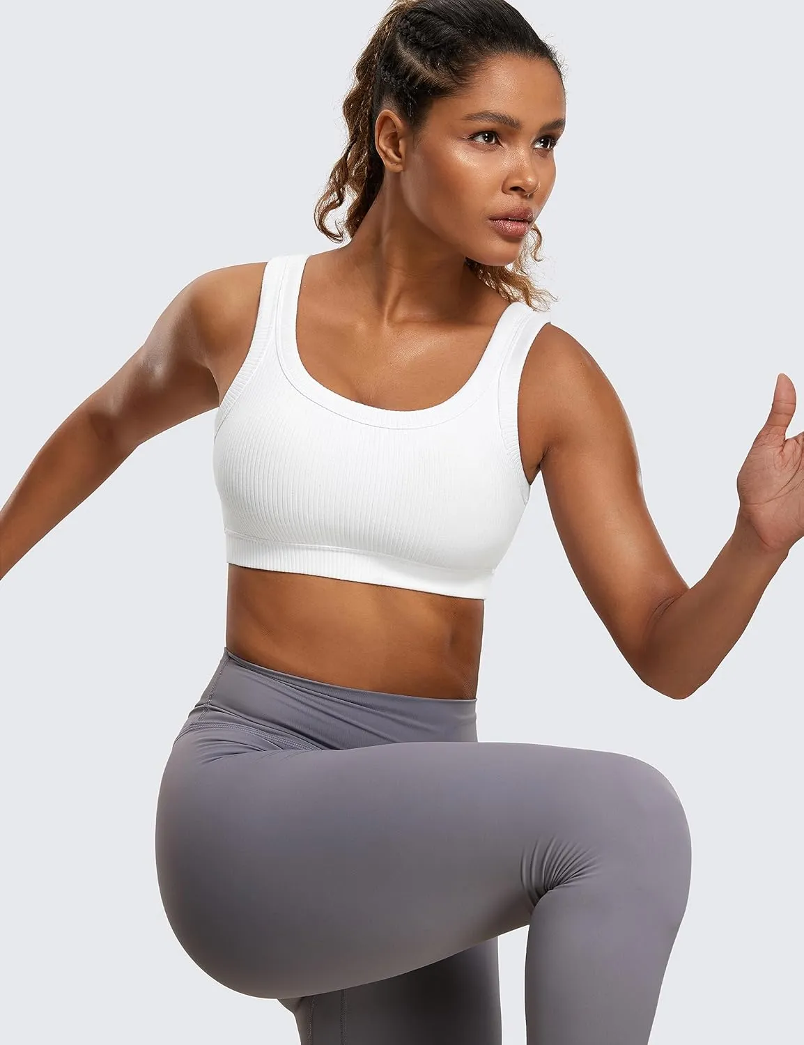 CRZ YOGA Ribbed Sports Bras for Women - U Back Wireless Medium Impact Padded Yoga Workout Cami