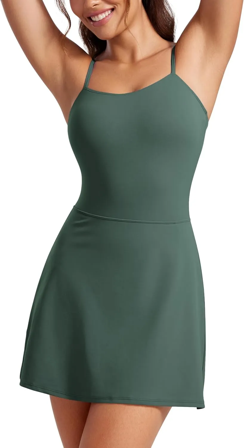 CRZ YOGA Womens Butterluxe Tennis Dress Spaghetti Strap Casual Athletic Sports Outfits with Built-in Shorts and Bras