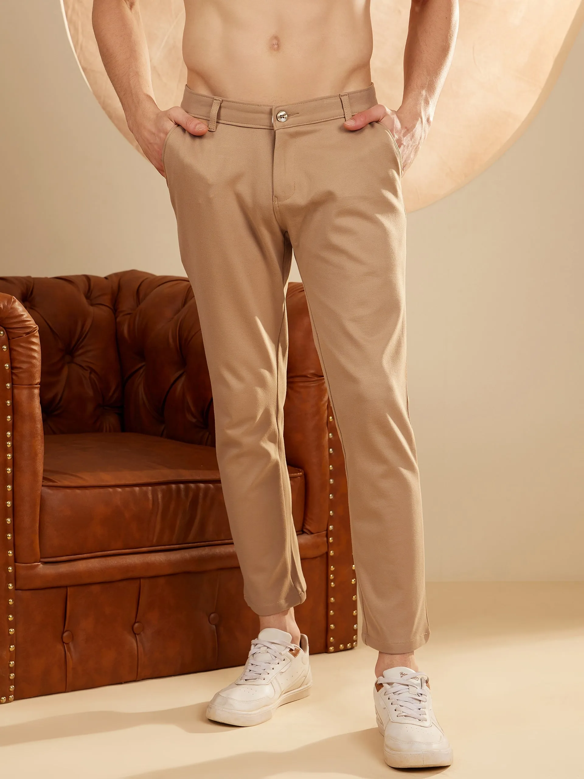 Dark Beige: Textured Stretchable Chinos