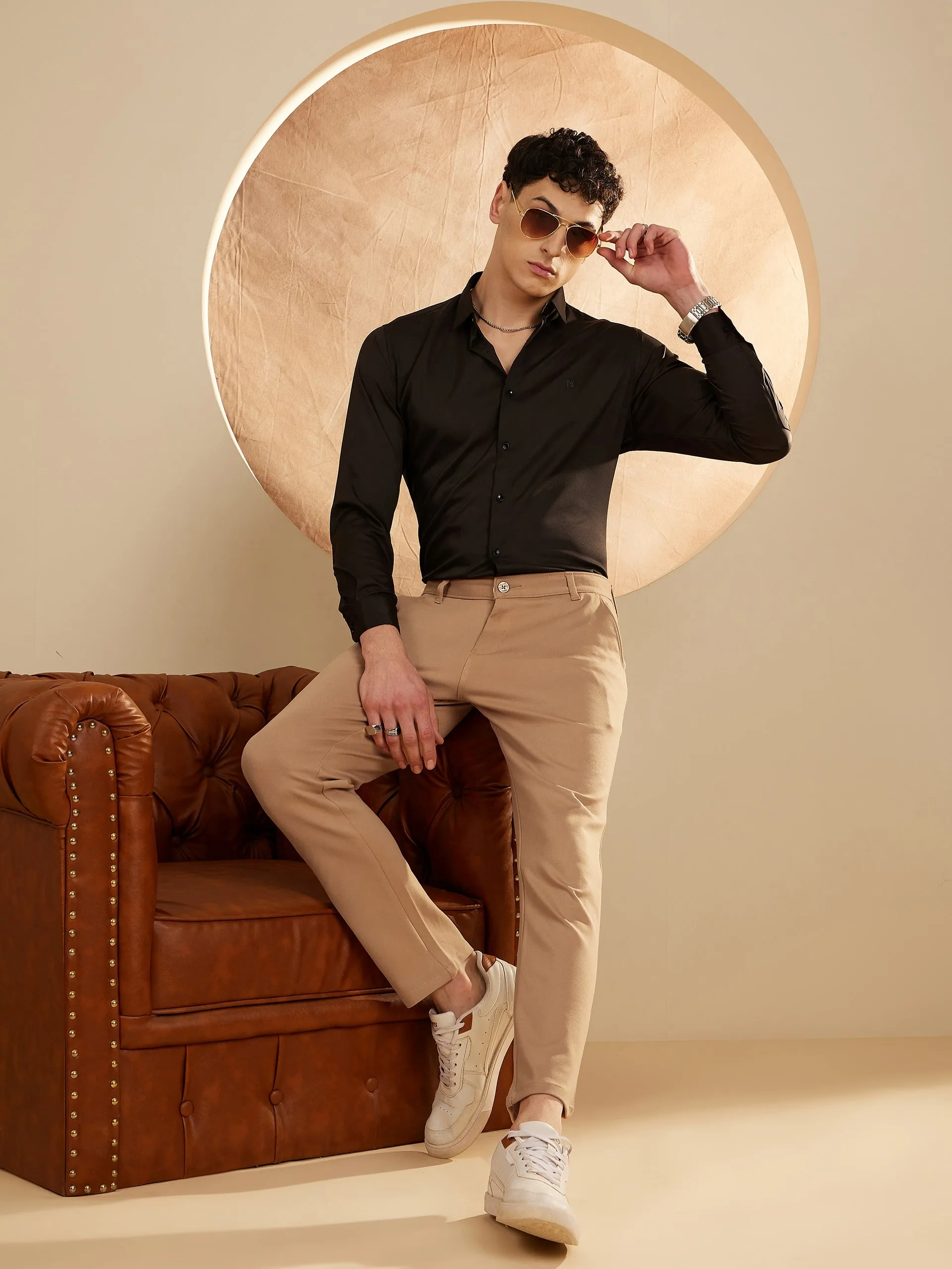 Dark Beige: Textured Stretchable Chinos