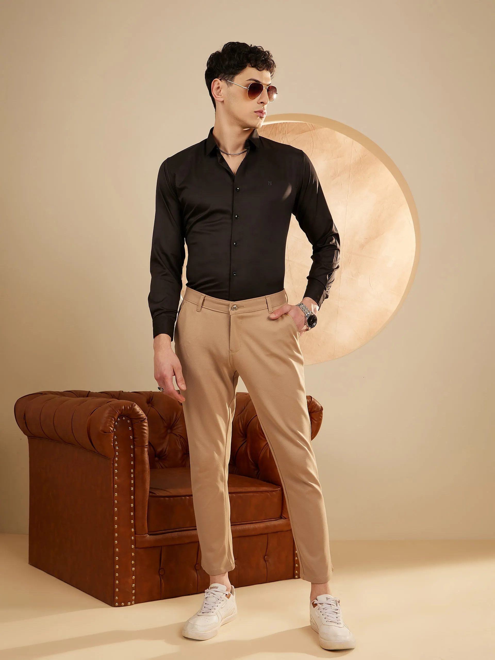 Dark Beige: Textured Stretchable Chinos