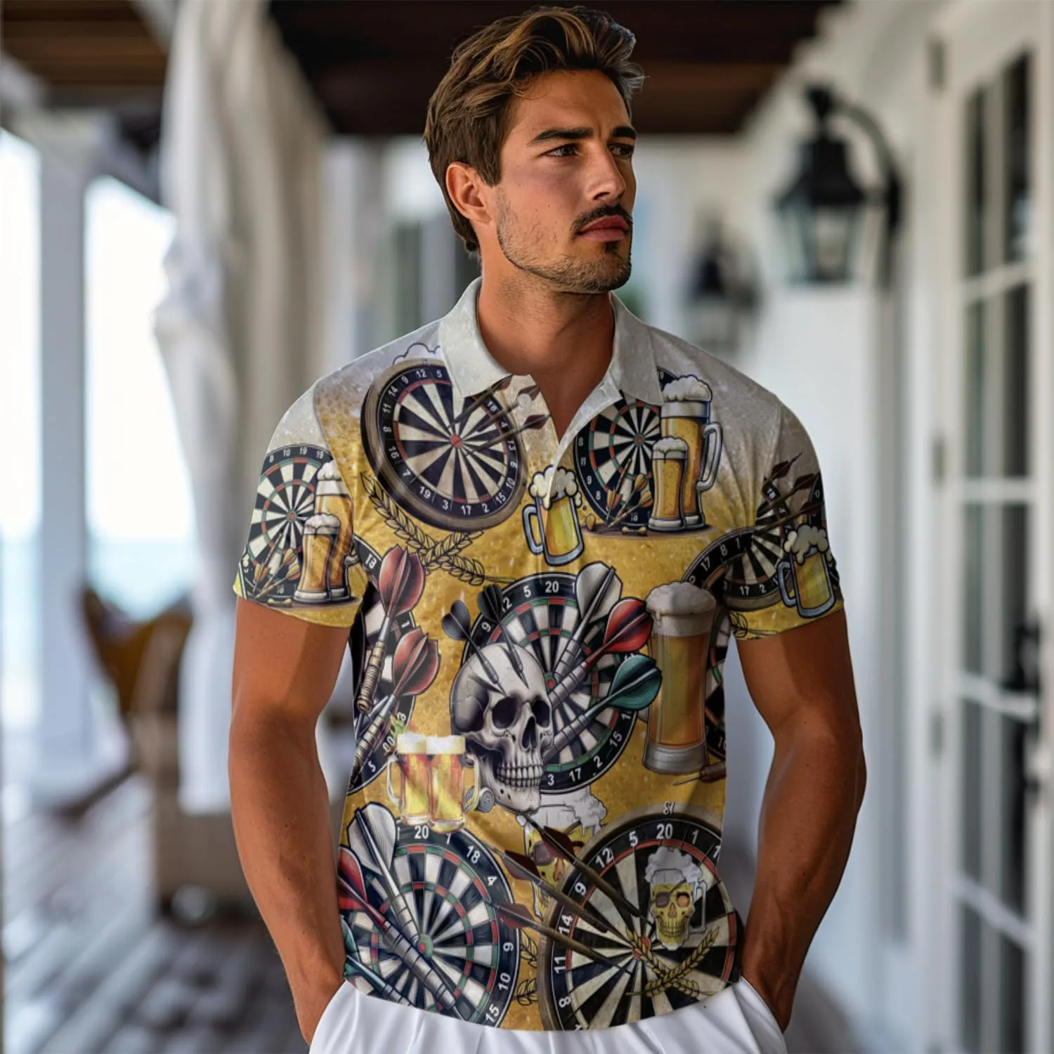 Darts Polo Shirts for Men - Darts Lover Stylish Mens Goft Shirt Casual Short Sleeve Button Down Outfit Set 34