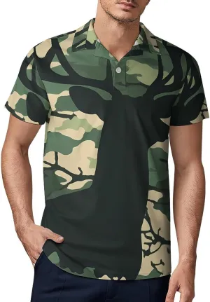 Deer Silhouette on A Camouflage Pattern Men's Polo-Shirt Regular-Fit Short Sleeve Sports Quick Dry Golf Tennis T-Shirt