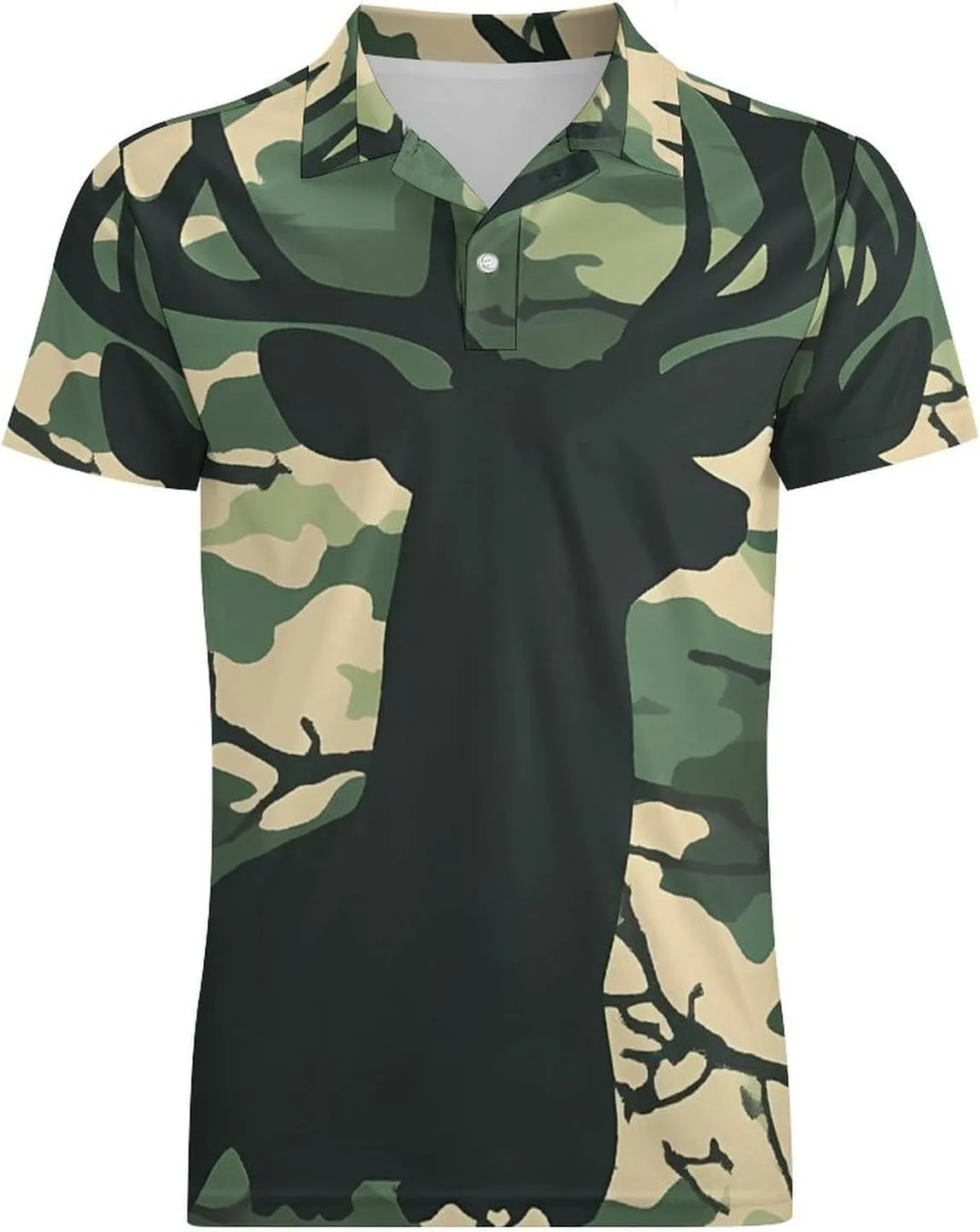 Deer Silhouette on A Camouflage Pattern Men's Polo-Shirt Regular-Fit Short Sleeve Sports Quick Dry Golf Tennis T-Shirt