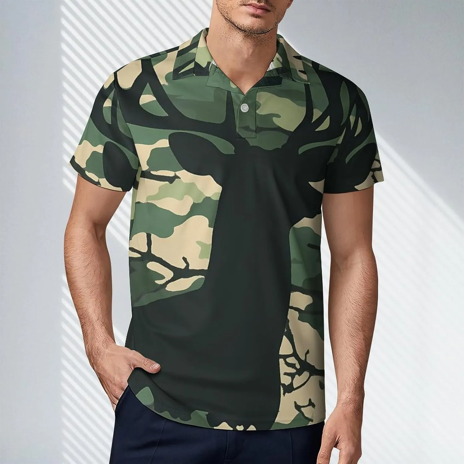 Deer Silhouette on A Camouflage Pattern Men's Polo-Shirt Regular-Fit Short Sleeve Sports Quick Dry Golf Tennis T-Shirt
