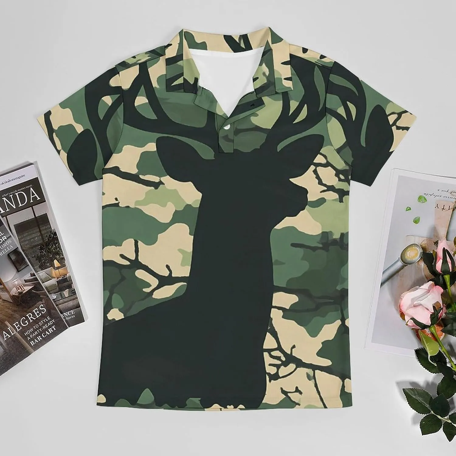 Deer Silhouette on A Camouflage Pattern Men's Polo-Shirt Regular-Fit Short Sleeve Sports Quick Dry Golf Tennis T-Shirt