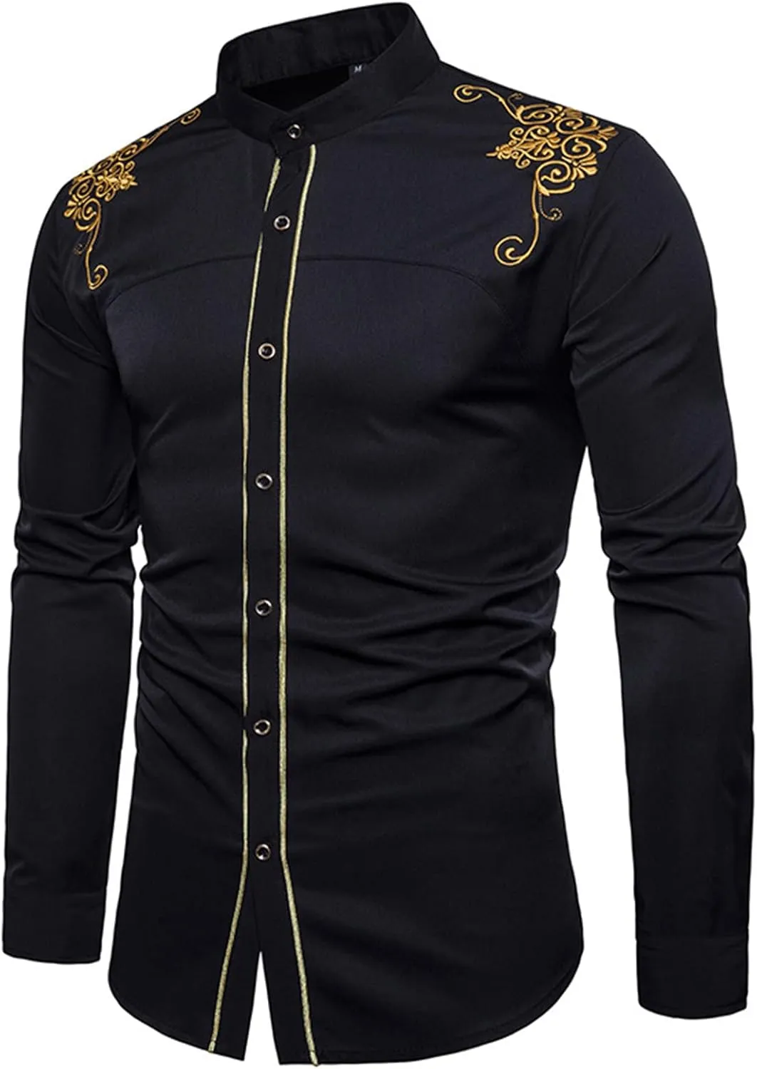 DGHM-JLMY Mens African Metallic Print Shirt Fashion Palace Embroidered Long Sleeve Shirt Slim Fit Dress Shirts