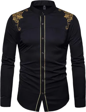 DGHM-JLMY Mens African Metallic Print Shirt Fashion Palace Embroidered Long Sleeve Shirt Slim Fit Dress Shirts