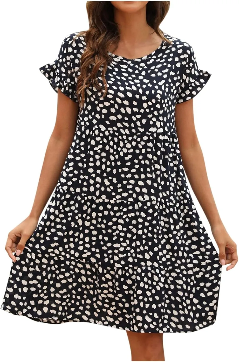 Dot Print Dress for Women Casual Loose Floral Print Dress Short Sleeve Ruffle Sleeve Party Dress Crewneck Mini Dress