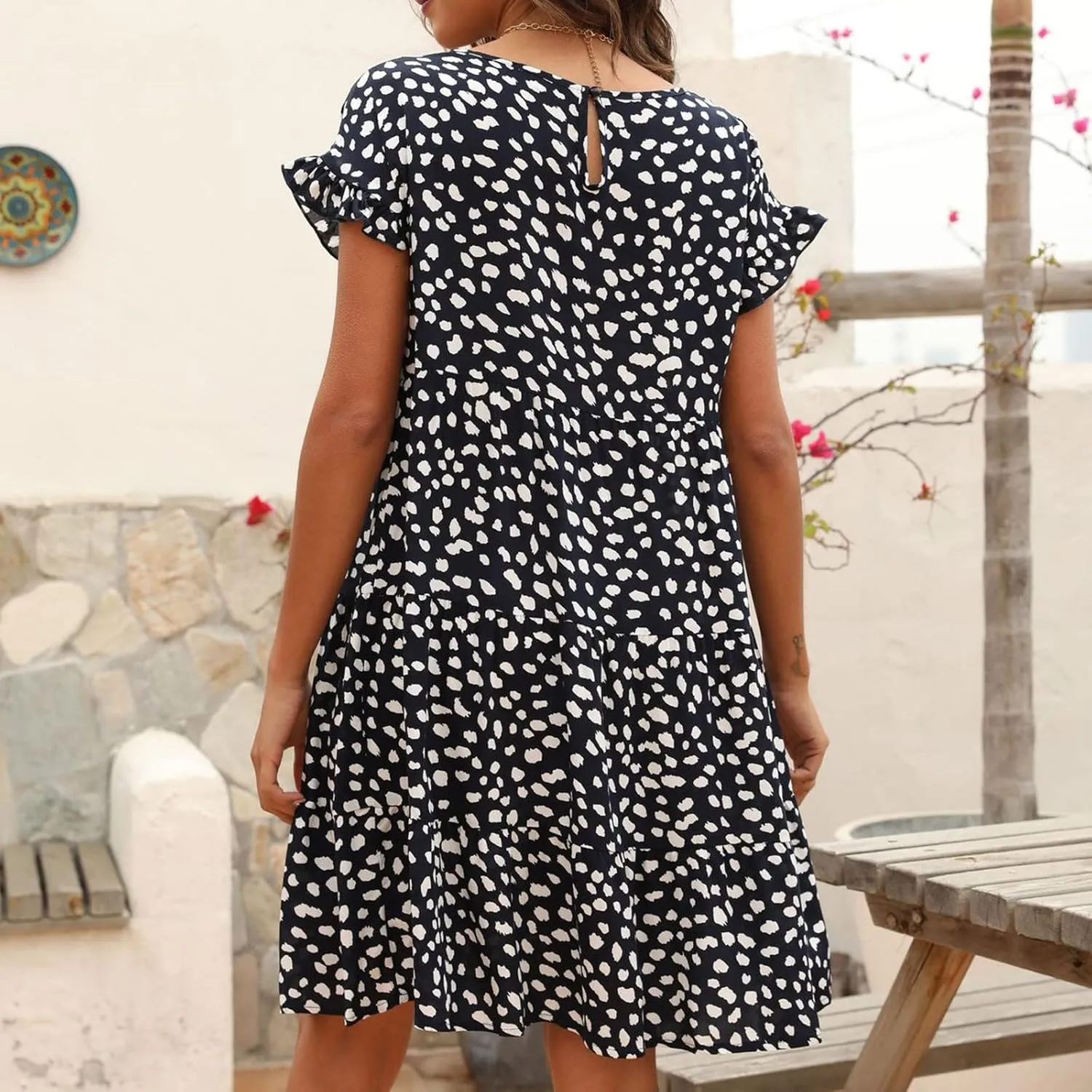 Dot Print Dress for Women Casual Loose Floral Print Dress Short Sleeve Ruffle Sleeve Party Dress Crewneck Mini Dress