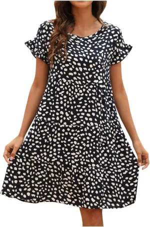 Dot Print Dress for Women Casual Loose Floral Print Dress Short Sleeve Ruffle Sleeve Party Dress Crewneck Mini Dress