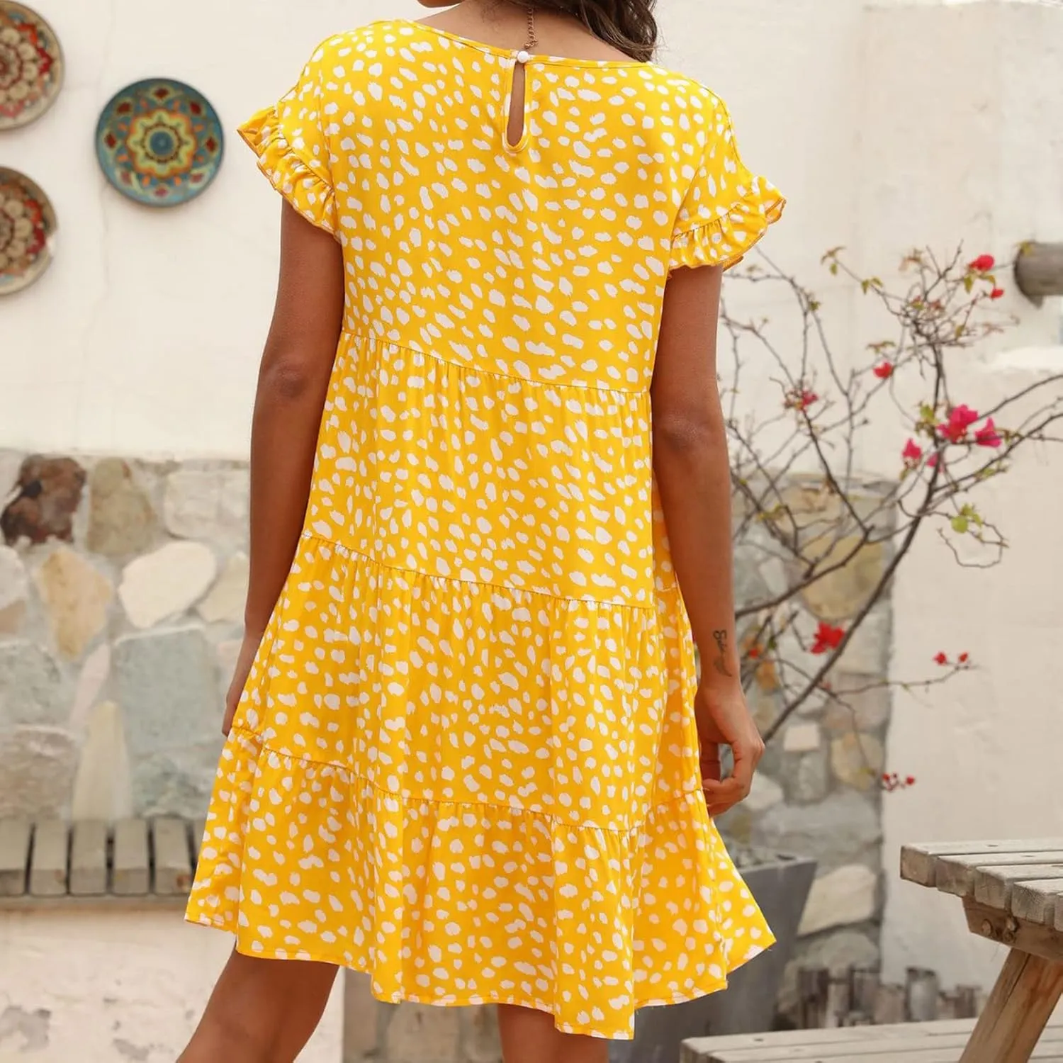 Dot Print Dress for Women Casual Loose Floral Print Dress Short Sleeve Ruffle Sleeve Party Dress Crewneck Mini Dress
