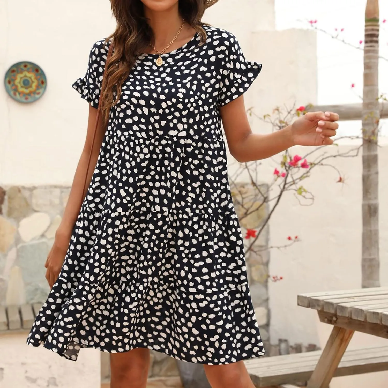 Dot Print Dress for Women Casual Loose Floral Print Dress Short Sleeve Ruffle Sleeve Party Dress Crewneck Mini Dress
