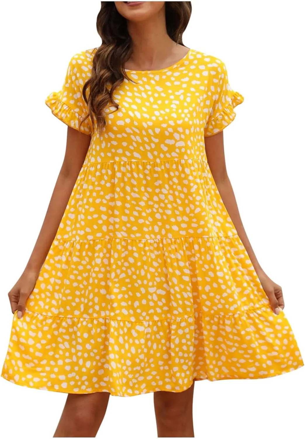Dot Print Dress for Women Casual Loose Floral Print Dress Short Sleeve Ruffle Sleeve Party Dress Crewneck Mini Dress