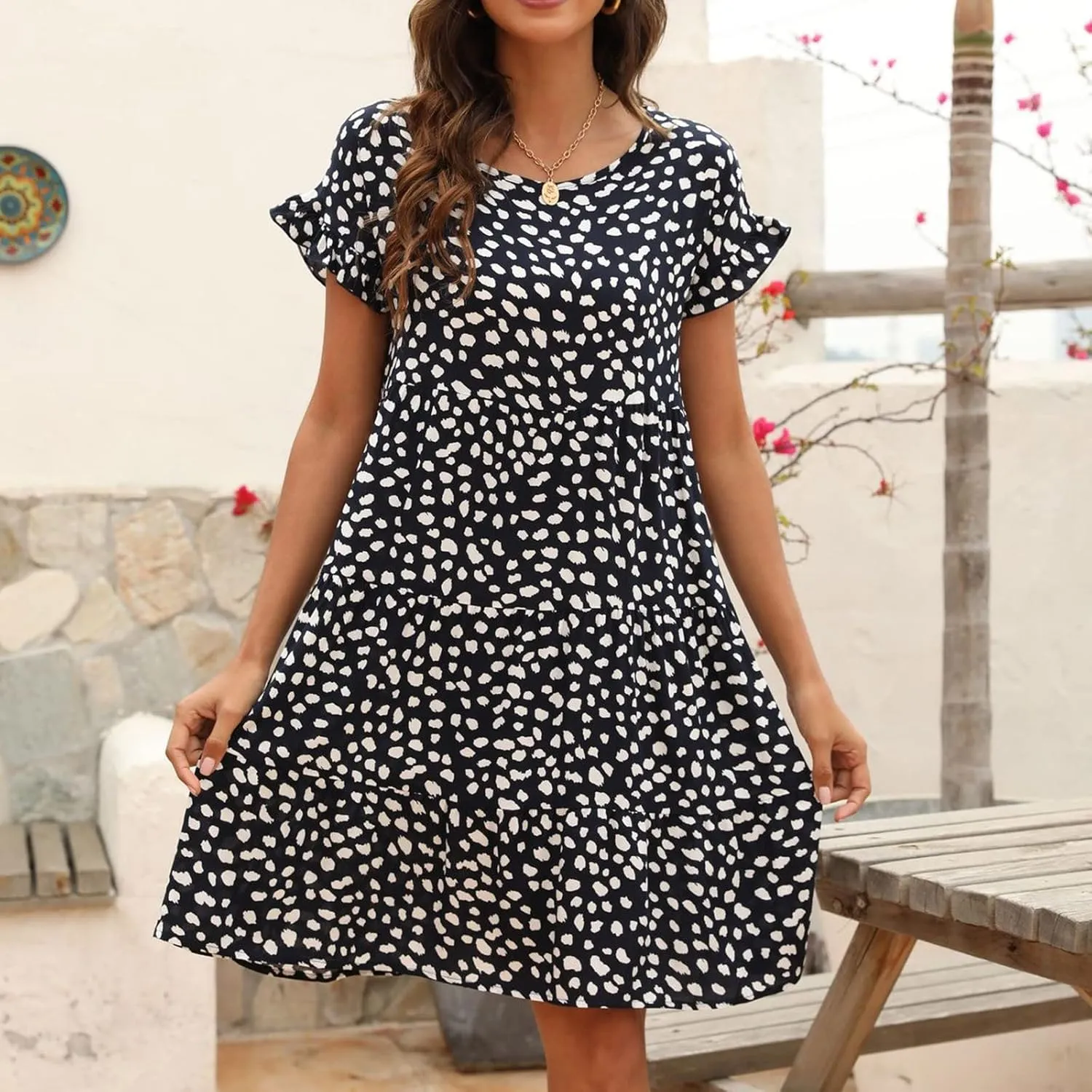 Dot Print Dress for Women Casual Loose Floral Print Dress Short Sleeve Ruffle Sleeve Party Dress Crewneck Mini Dress