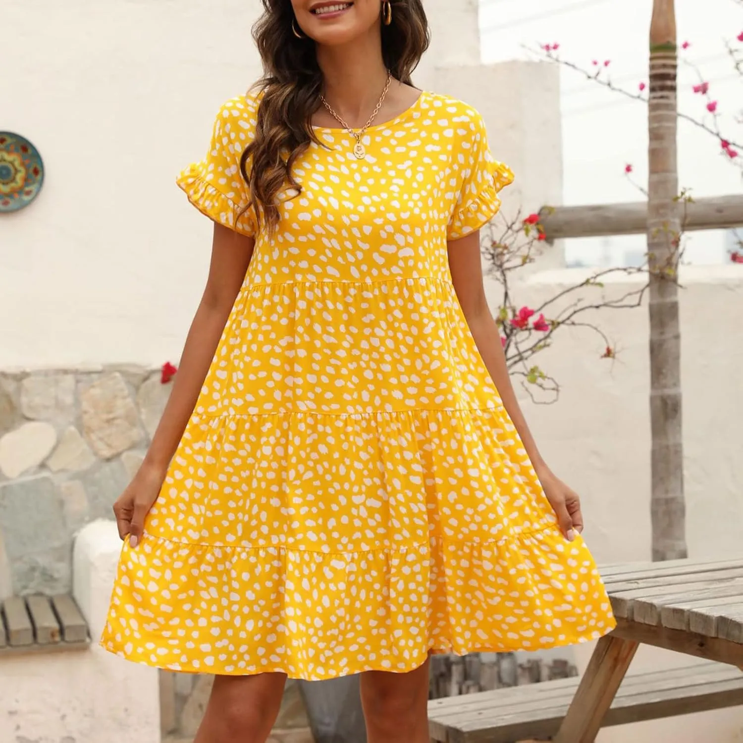 Dot Print Dress for Women Casual Loose Floral Print Dress Short Sleeve Ruffle Sleeve Party Dress Crewneck Mini Dress