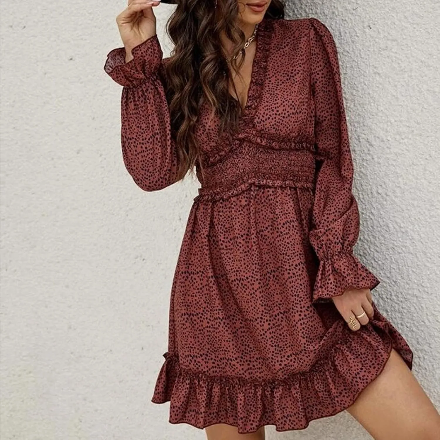 Dot Printed Dresses for Women Long Sleeve V Neck Party Dress Sexy Floral Print Mini Dress Slim Ruffle Cocktail Dress