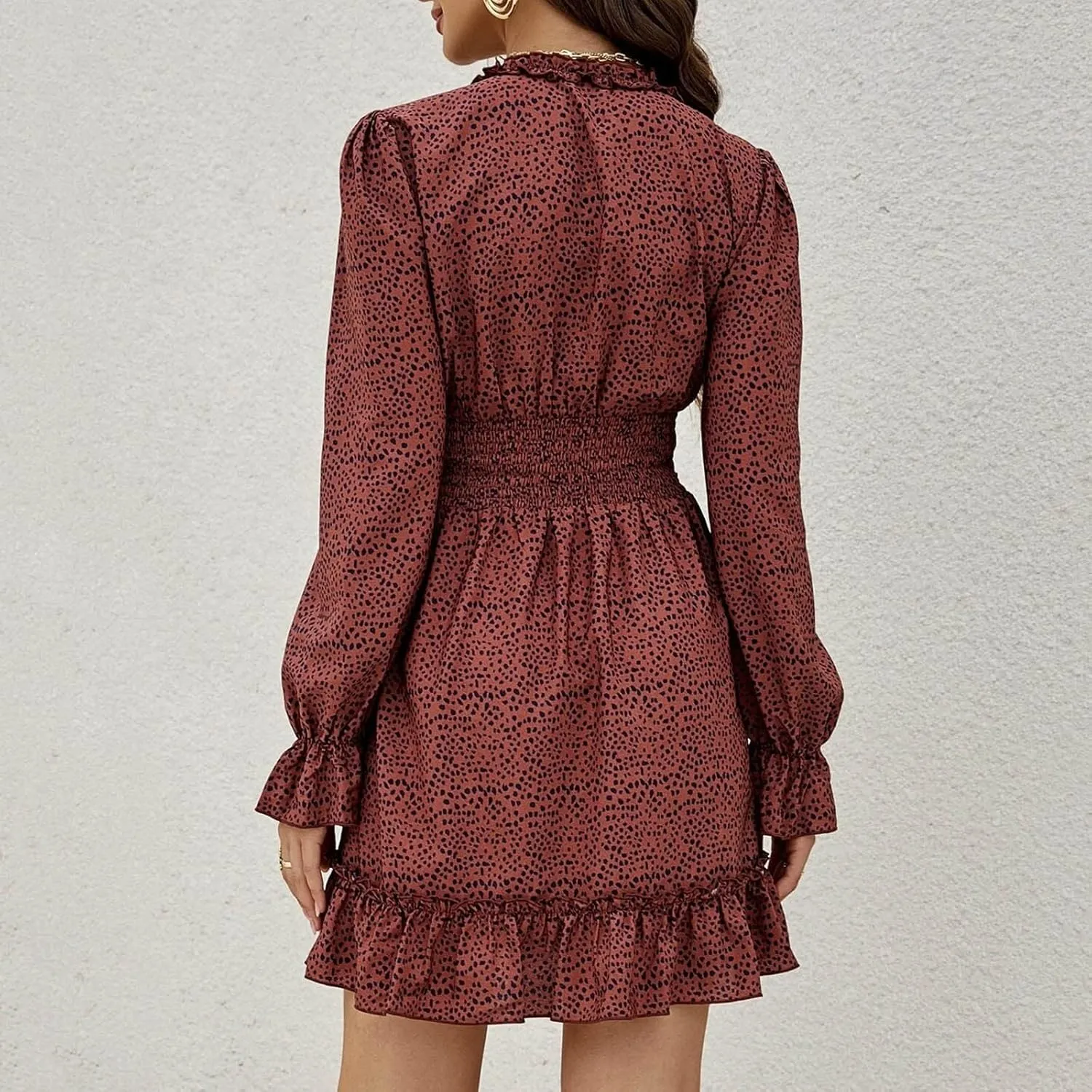 Dot Printed Dresses for Women Long Sleeve V Neck Party Dress Sexy Floral Print Mini Dress Slim Ruffle Cocktail Dress