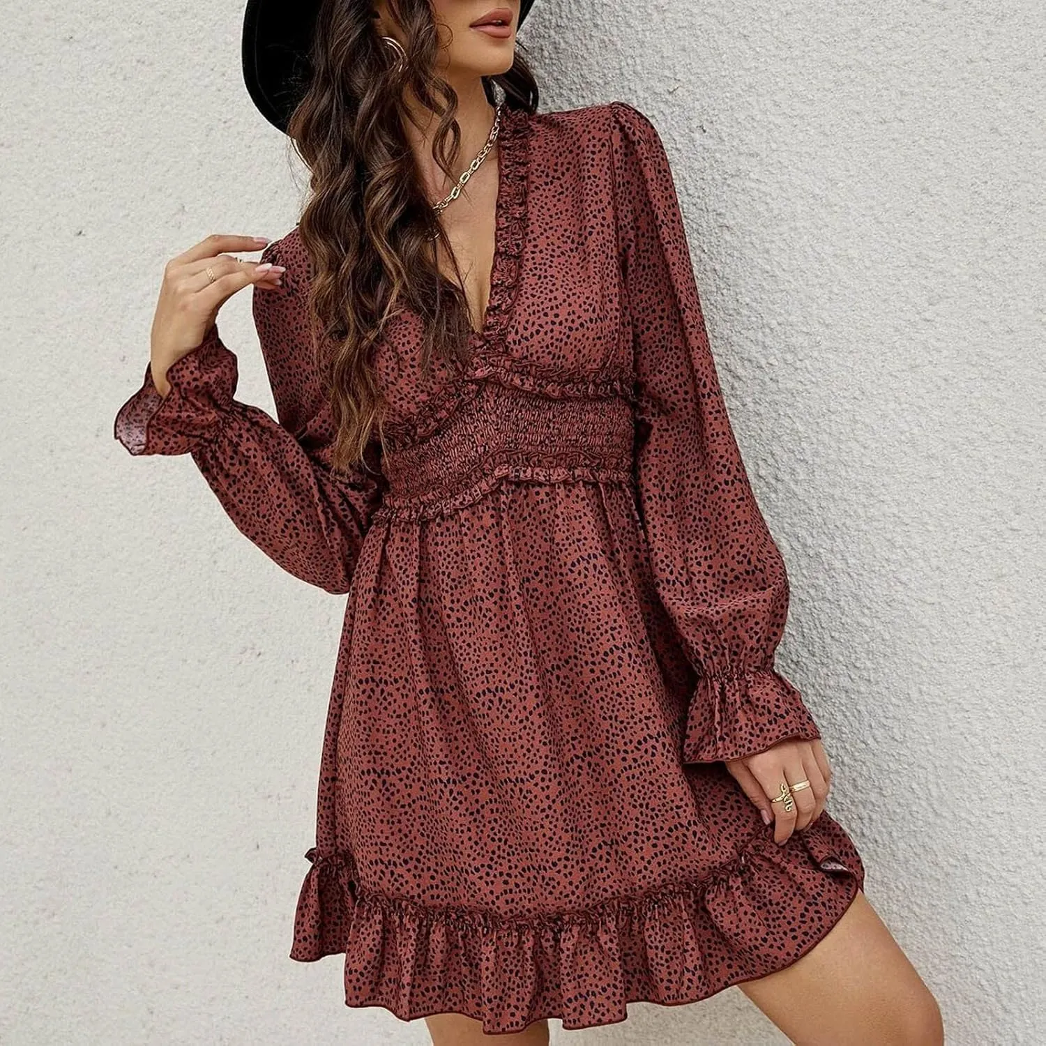 Dot Printed Dresses for Women Long Sleeve V Neck Party Dress Sexy Floral Print Mini Dress Slim Ruffle Cocktail Dress