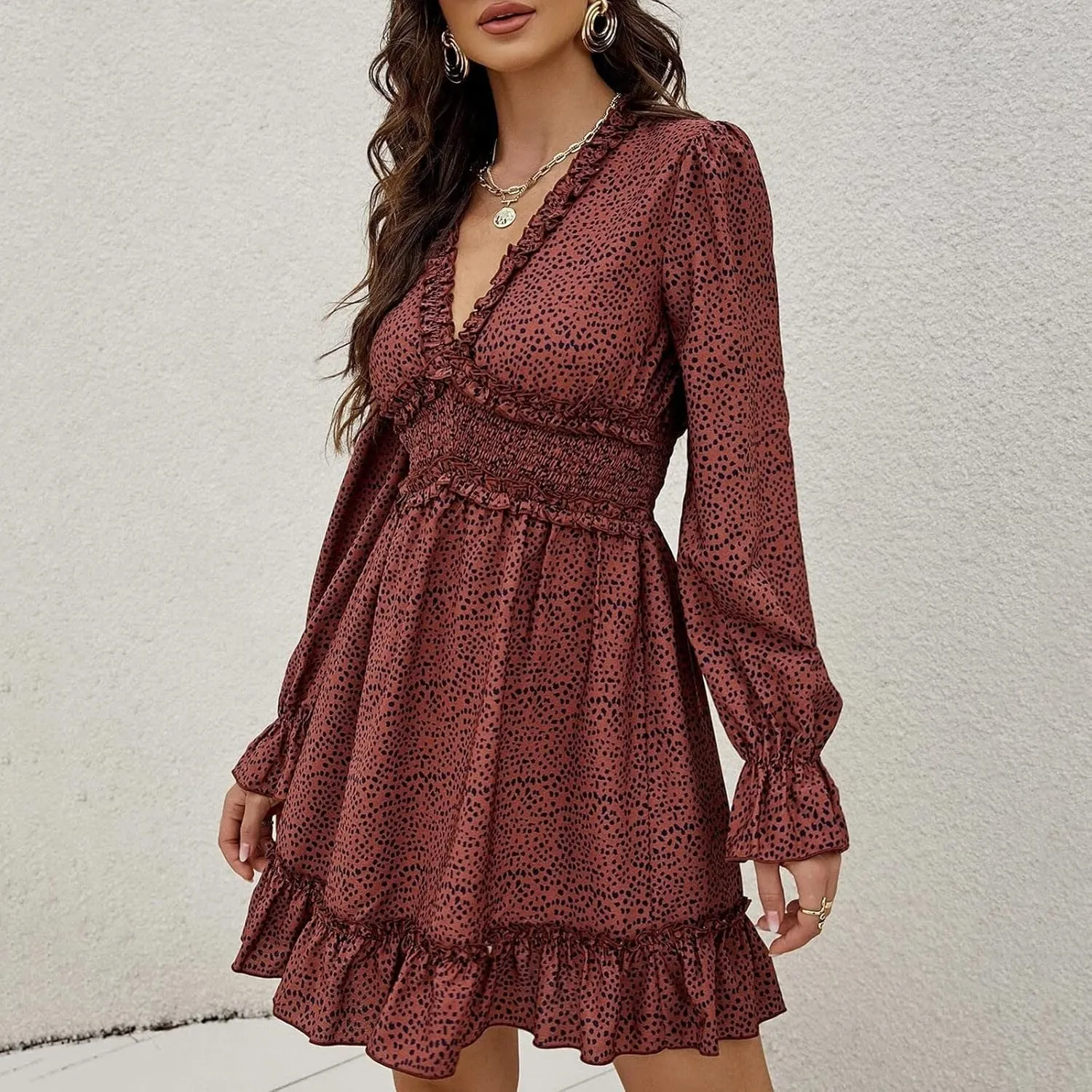 Dot Printed Dresses for Women Long Sleeve V Neck Party Dress Sexy Floral Print Mini Dress Slim Ruffle Cocktail Dress