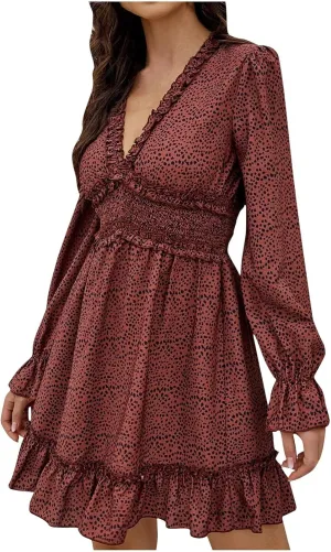 Dot Printed Dresses for Women Long Sleeve V Neck Party Dress Sexy Floral Print Mini Dress Slim Ruffle Cocktail Dress
