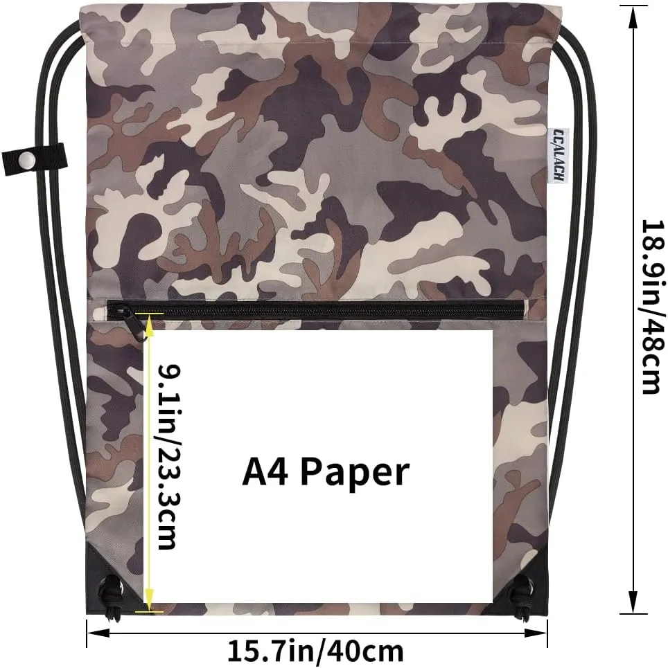 draw string back bag, Large Gym Sports string backpack for men and women with front zipper pocket and inside zipper pocket to keep key or phone (brown camo)