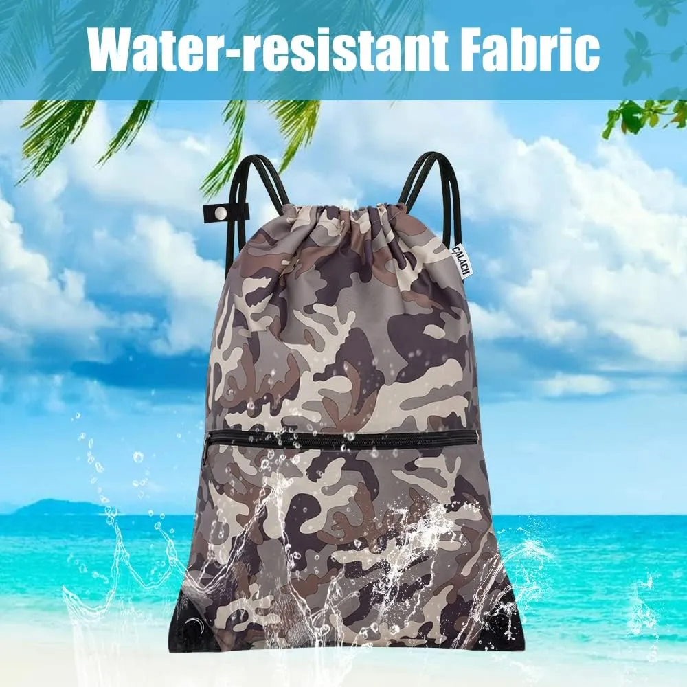draw string back bag, Large Gym Sports string backpack for men and women with front zipper pocket and inside zipper pocket to keep key or phone (brown camo)