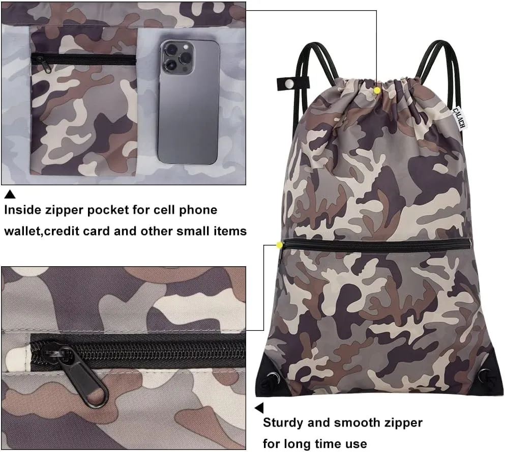 draw string back bag, Large Gym Sports string backpack for men and women with front zipper pocket and inside zipper pocket to keep key or phone (brown camo)
