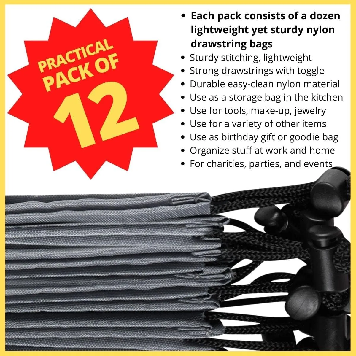 Drawstring Bag - Nylon Cinch and Ditty Stuff Pouch with Toggle (7 x 9-12 pack, Grey)