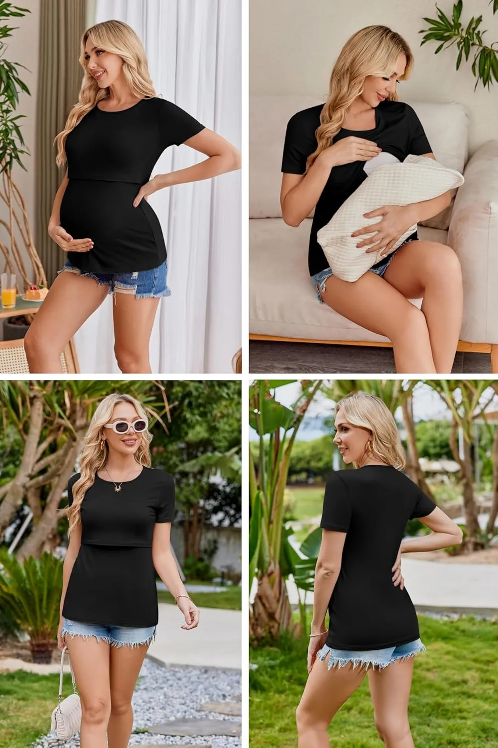 Ekouaer Womens Nursing Tops 3 Pack Double Layer Breastfeeding Shirts Short Sleeve Maternity Clothes S-XXL
